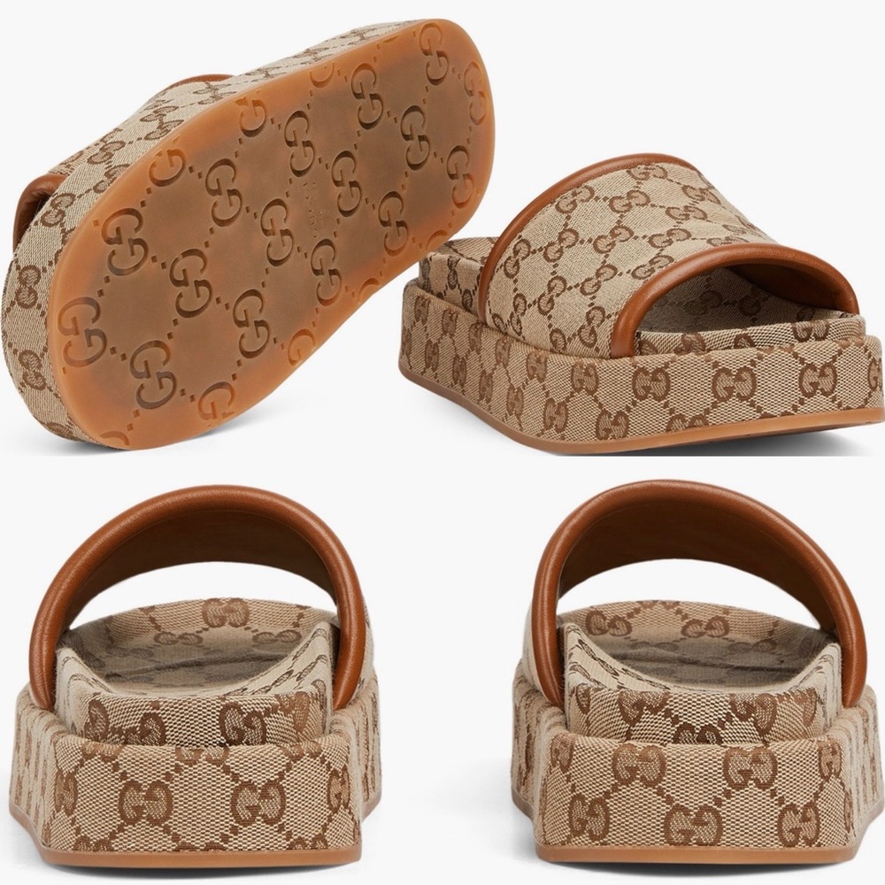 Gucci Beige GG Supreme Canvas Slide Sandals with Brown Trim - Picture 2 of 3